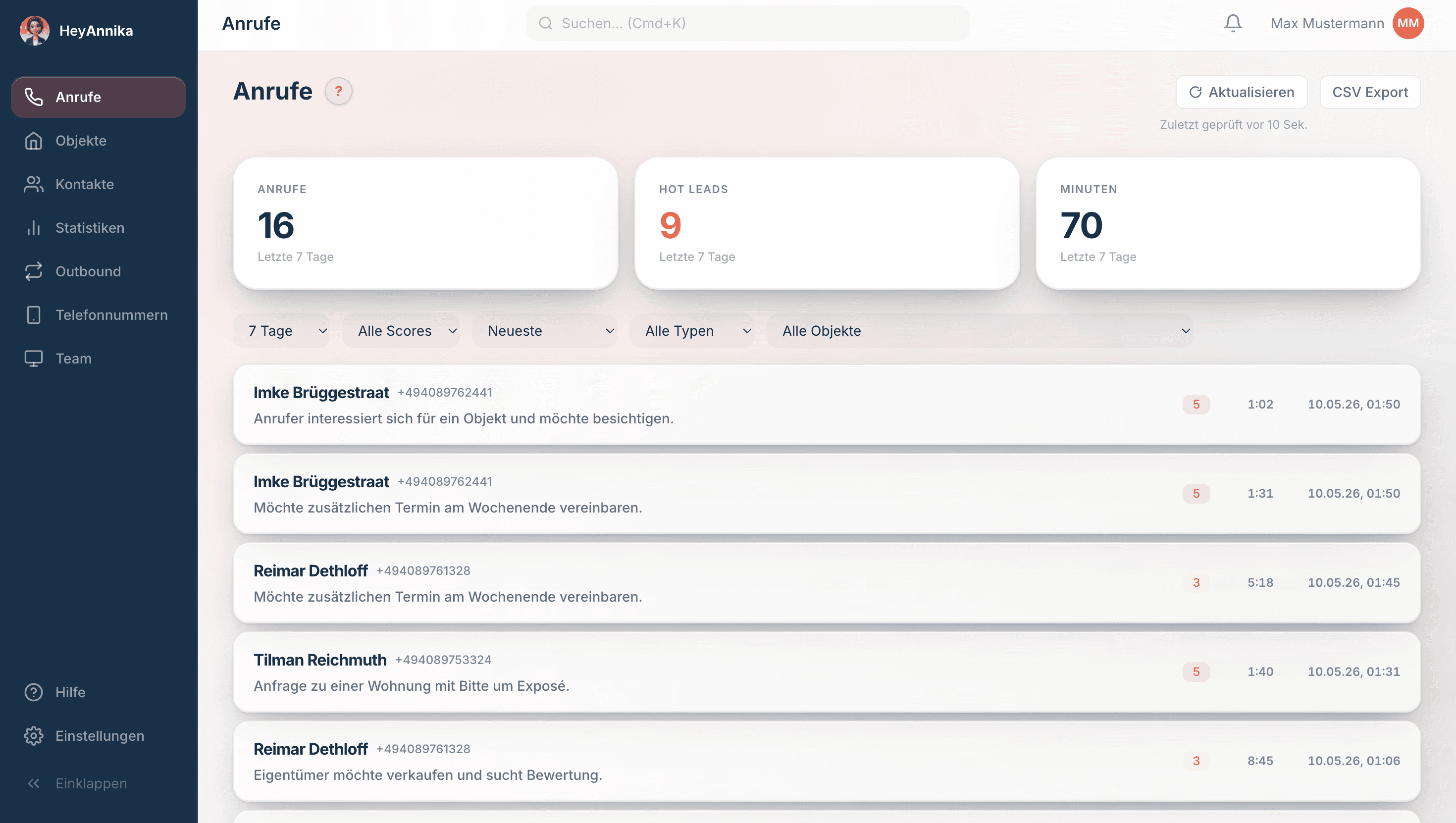 Dashboard Anrufe